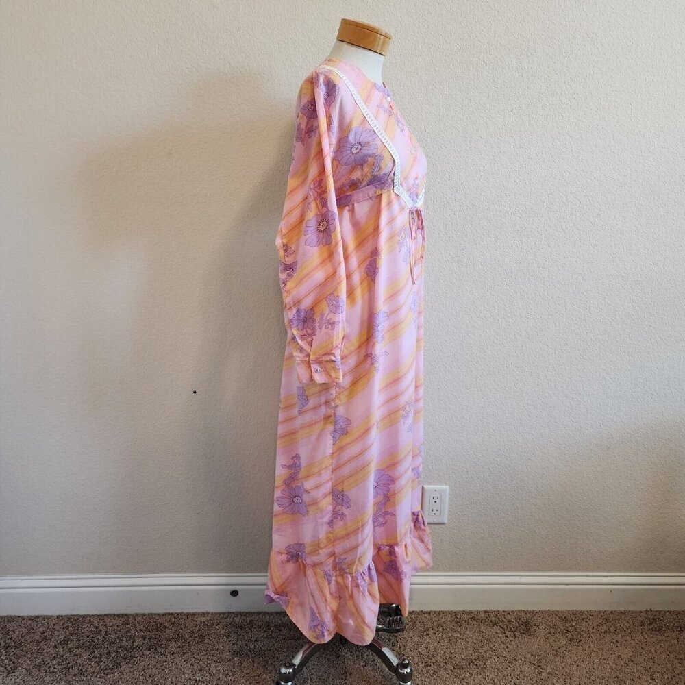 Vintage Floral Striped Housewife Ruffle Hem Long Sleeve Maxi Dress Nightgown M - Picture 5 of 11